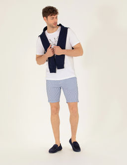 Koyu Mavi Slim Fit Beli Lastikli _izgili Ba_c_kl_ Bermuda _ort