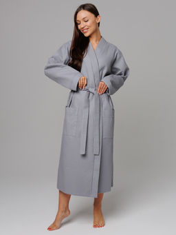 Женский вафельный халат с планкой серый В-02 (20)