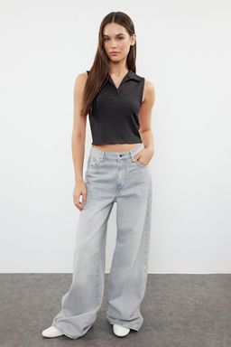 Antrasit Fitted/Vucuda Oturan Polo Yaka Crop Esnek Orme Bluz TWOSS22BZ0335