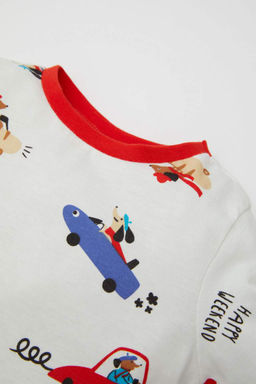 Пижамный комплект из чесаного хлопка с длинными рукавами и принтом для маленьких мальчиков - Defacto фото 3