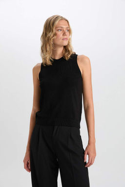 Женский черный однотонный свитер в рубчик без рукавов с круглым вырезом и круглым вырезом - Defacto фото 4