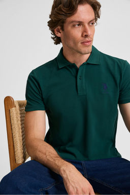 Erkek Slim Fit Polo Yaka Koyu Ye_il Basic Ti__rt