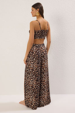 Leopar Desenli Dokuma Y?rtmacl? Maxi Plaj Yuksek Bel Bluz-Pantolon Tak?m TBESS21AU0092