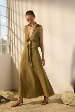 Trendyolmilla Haki %100 Keten Midi Volanl? Etek TWOSS25ET00137