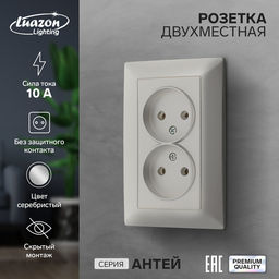 Розетка Luazon Lighting «Антей», 10 А, скрытая, IP20, двухместная, без заземления, серебристая