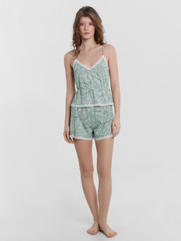 Комплект женский домашний зеленый с ботаническим принтом веточки на шалфее 562320/1