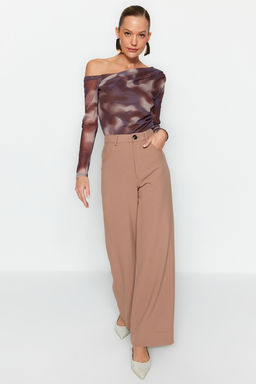 Kahverengi Tul Fitted/Vucuda Oturan Astarl? Asimetrik Yaka Orme Bluz TWOAW24BZ00051