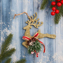 Ёлочные игрушки Олень с шишками и лентой 1316 см, золотистый