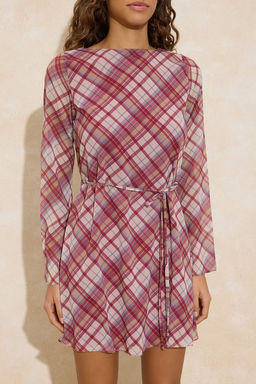 Bordo Ekose / Kareli K?sa / Mini Dokuma Elbise TWOAW26EL00335