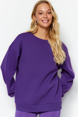 Mor Oversize/Rahat Kesim Basic Bisiklet Yaka Kal?n/Ici polarl? Orme Sweatshirt TWOAW24SW00102