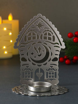 Подсвечник на 1 свечу Домик новогодний с часами, металл, серебряный, 6.7?10?13.5 см