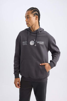 Мужской антрацитовый толстый свитшот DeFactoFit NBA Golden State Warriors свободного покроя с капюшоном и принтом  фото 4