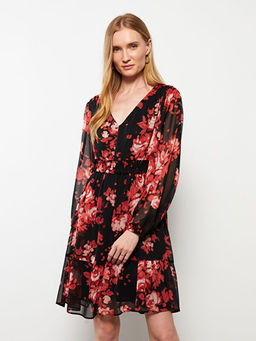 V Yaka Desenli Uzun Kollu ?ifon Kad?n Elbise