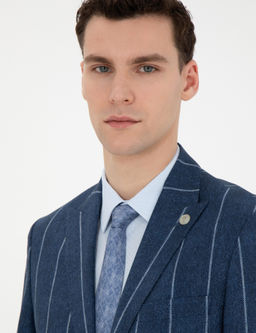 Lacivert Slim Fit _izgili Y_n Blazer Ceket