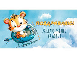 Цена за 5 шт. Конверт для денег "Поздравляю!" (ЗСС-0051) "Тигр на вертолете", soft-touch покрытие