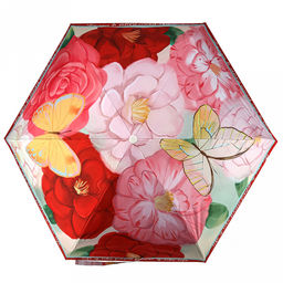 Зонт-мини механический Цветы и бабочки ткань эпонж (полиэстер) с деколью + черное УФ-покрытие, 6 лучей, д/купола 91см, 5 сложений, 17см в сложенном виде, механизм против ветра, пластмассовая ручка, камелия, 223гр (Китай) - Домашняя Мода фото 4