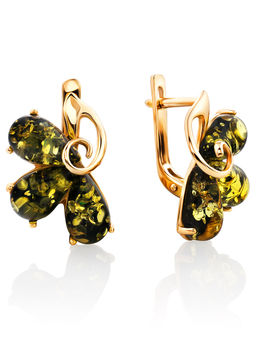 Изящные позолоченные серьги Сакура с зелёным янтарём