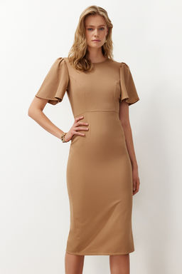 Vizon A Kesim Kolda Pili Detayl? Midi Kalem Etek Dokuma Elbise TWOSS24EL00659