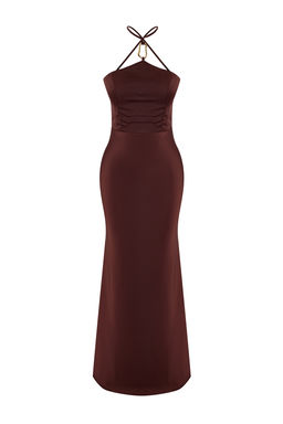 Kahverengi Aksesuar Detayl? Dokuma Saten Maxi Abiye & Mezuniyet Elbisesi TPRSS26AE00013 - Trendyolmilla фото 13