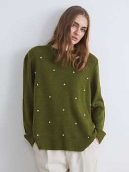 Bisiklet Yaka Boncuk ??lemeli Kad?n Triko Kazak