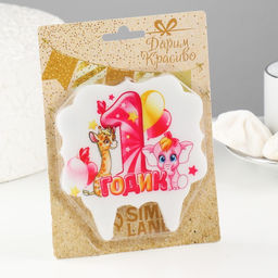 Свеча для торта цифра «1 годик, зверушки» 1 розовая, 8 см