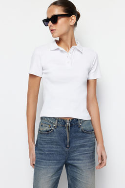 Trendyolmilla Siyah Polo Yaka Dugmeli K?sa Kol Esnek Fitilli Orme Bluz TWOSS24BZ00111  фото 2