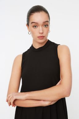 Siyah Shift/Duz Kesim Dik Yaka Midi Dokuma Elbise TWOSS20EL1864