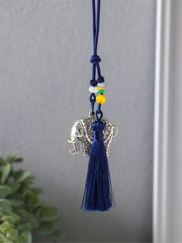 Подвеска металл, текстиль "Слон с кисточкой" синий с серебром 1,5х4,3х14 см