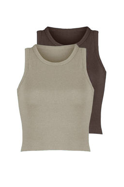 Kahverengi-Tas 2li Paket Vucuda Oturan Crop Halter Yaka Fitilli Esnek Orme Atlet TWOSS21AL0058