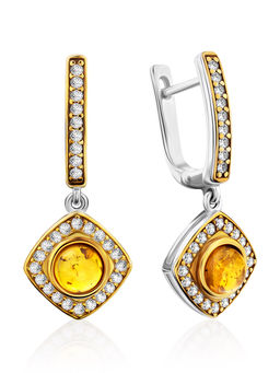 Небольшие изящные серьги Ренессанс с золотистым янтарём и фианитами