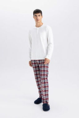 Pijama Tak?m Bisiklet Yaka Uzun Kollu Basic Duz Ust Kareli Beli Lastikli Alt