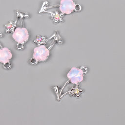 Цена за 5 шт. Декор для творчества металл, стразы «Цветочки», серебро, розовый, 2.2×1.3×0.5 см