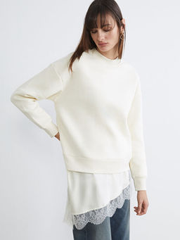 Dantel Detayl? Oversize Kad?n Kal?n Sweatshirt