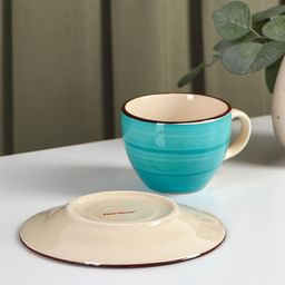 Чайная пара керамическая Доляна Морской мир, 2 предмета: чашка 200 мл, блюдце d=14,5 см, цвет голубой  фото 3