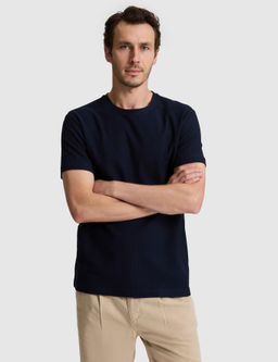Lacivert Slim Fit Saf Pamuk _nce Fitilli Bisiklet Yaka T-shirt