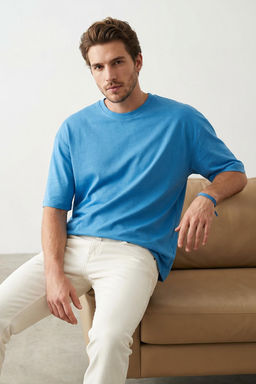 Koyu Mavi Oversize/Genis Kesim %100 T-Shirt TMNSS22TS0318