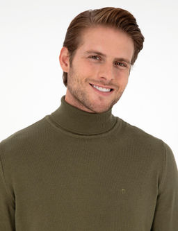 Koyu Haki Slim Fit Bal_k__ Yaka Basic Triko Kazak