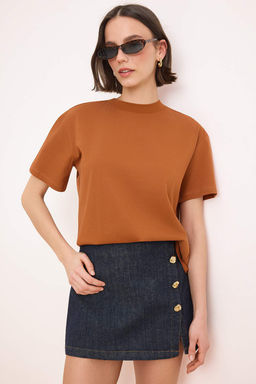 Ac?k Kahverengi %100 Pamuk Basic Regular/Normal Kal?p Dik Yaka Orme T-Shirt TWOAW20TS0096