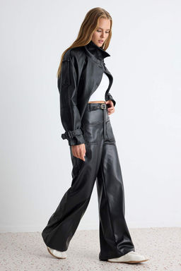Siyah D_z Wide Leg/Geni_ Pa_a Cep Detayl_ Suni Deri _rme Pantolon TWOAW27PL00022