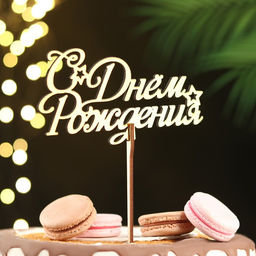 Цена за 5 шт. Топпер для торта деревянный «С Днём Рождения», золотой, 14.3×7.7 см