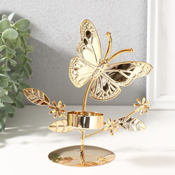 Металлический подсвечник на 1 свечу d=4 см Бабочки в поле, золото, 7.7?14?16 см
