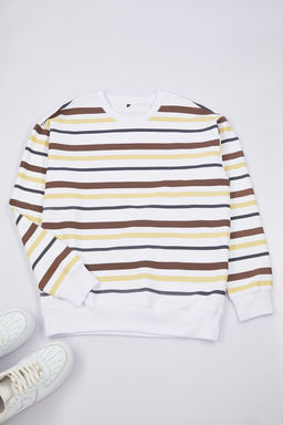 Kahverengi Oversize/Genis Kesim Ici Polarl? Cizgili Sardonsuz Sweatshirt TMNAW25SW00020