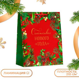 Цена за 2 шт. Пакет подарочный новогодний Счастливого Нового года, на красном, 26?32?12 см