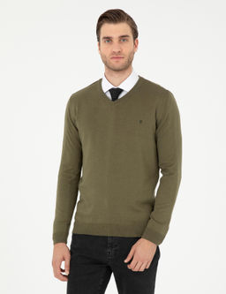 Koyu Haki Slim Fit V Yaka Basic Triko Kazak