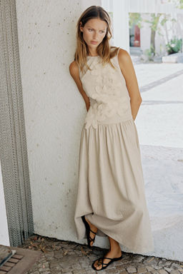 VESTIDO MIDI COMBINADO CON LINO / Beige claro