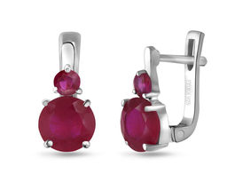 Серьги, 2 рубин корунд круг 7 мм/3.55 ct , 2 рубин корунд 3 мм/0.32 ct, Пиллон