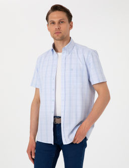 A__k Mavi Regular Fit Kareli K_sa Kollu G_mlek