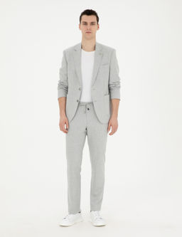 Gri Slim Fit Keten Kar___ml_ _izgili Tak_m Elbise