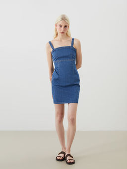 Kare Yaka Ask?l? Mini Jean Elbise