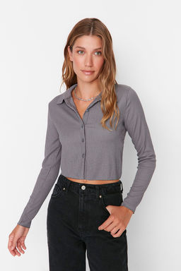 Gri Dugmeli Fitted/Vucuda Oturan Polo Yaka Burumcuk/Dokulu Crop Orme Bluz TWOAW22BZ0241 - Trendyolmilla фото 8